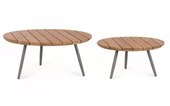 Komplet 2 stolików okrągłych ogrodowych kawowych z blatami z desek teak corbetta bizzotto d60 i 80 cm