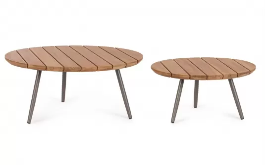 Komplet 2 stolików okrągłych ogrodowych kawowych z blatami z desek teak corbetta bizzotto d60 i 80 cm