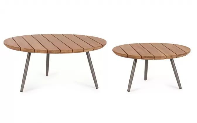 Komplet 2 stolików okrągłych ogrodowych kawowych z blatami z desek teak corbetta bizzotto d60 i 80 cm