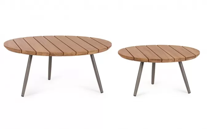 Komplet 2 stolików okrągłych ogrodowych kawowych z blatami z desek teak corbetta bizzotto d60 i 80 cm