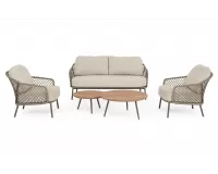 Luksusowy zestaw premium wypoczynkowy ogrodowe na taras z grubymi poduszkami beżowy sofa 2 fotele i zestaw 2 stolików corbetta bizzotto