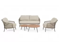 Luksusowy zestaw premium wypoczynkowy ogrodowe na taras z grubymi poduszkami beżowy sofa 2 fotele i zestaw 2 stolików corbetta bizzotto