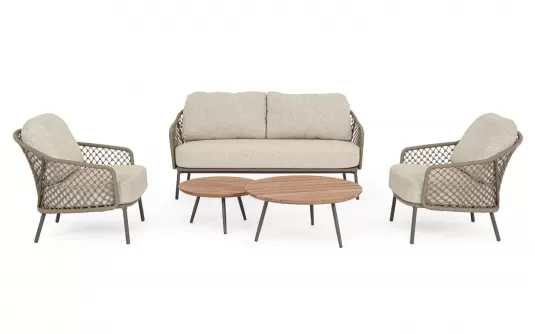 Luksusowy zestaw premium wypoczynkowy ogrodowe na taras z grubymi poduszkami beżowy sofa 2 fotele i zestaw 2 stolików corbetta bizzotto