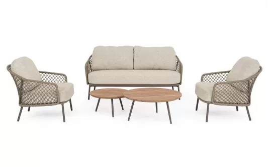 Luksusowy zestaw premium wypoczynkowy ogrodowe na taras z grubymi poduszkami beżowy sofa 2 fotele i zestaw 2 stolików corbetta bizzotto