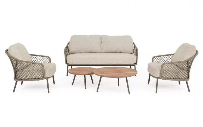 Luksusowy zestaw premium wypoczynkowy ogrodowe na taras z grubymi poduszkami beżowy sofa 2 fotele i zestaw 2 stolików corbetta bizzotto