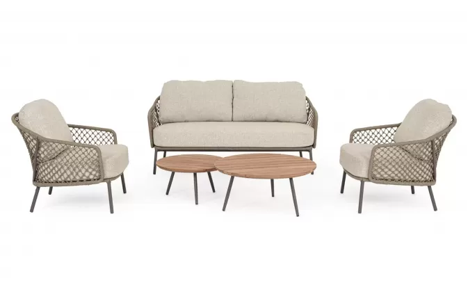 Luksusowy zestaw premium wypoczynkowy ogrodowe na taras z grubymi poduszkami beżowy sofa 2 fotele i zestaw 2 stolików corbetta bizzotto