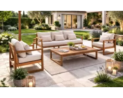 Zestaw wypoczynkowy ogrodowy z szeroką sofą trzyosobową z drewna akacji Adrian bizzotto