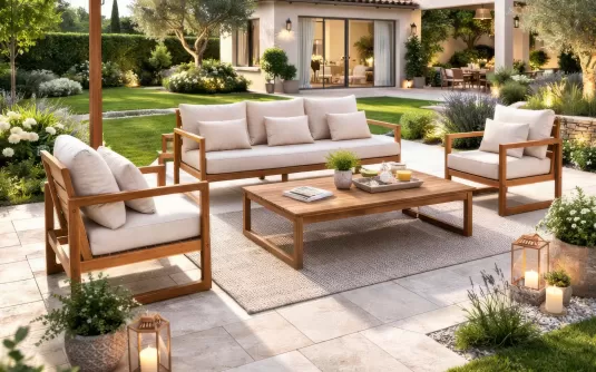 Zestaw wypoczynkowy ogrodowy z szeroką sofą trzyosobową z drewna akacji Adrian bizzotto