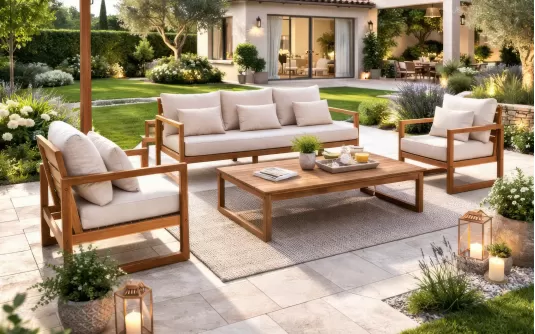 Zestaw wypoczynkowy ogrodowy z szeroką sofą trzyosobową z drewna akacji Adrian bizzotto Zestaw wypoczynkowy ogrodowy z szeroką sofą trzyosobową z drewna akacji Adrian bizzotto