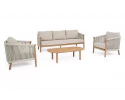 Komplet wypoczynkowy ogrodowy sofą trzyosobową aluminiowy z efektem drewna lina i grube poduszki olefin apollus bizzotto