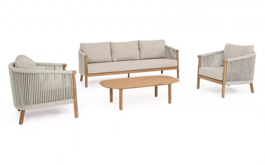 Komplet wypoczynkowy ogrodowy sofą trzyosobową aluminiowy z efektem drewna lina i grube poduszki olefin apollus bizzotto