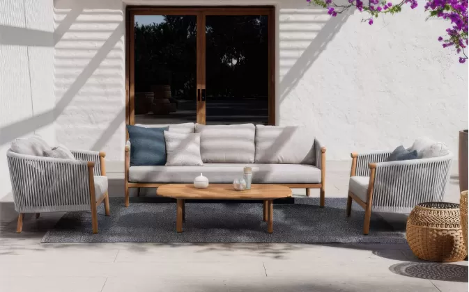 Komplet wypoczynkowy ogrodowy sofą trzyosobową aluminiowy z efektem drewna lina i grube poduszki olefin apollus bizzotto