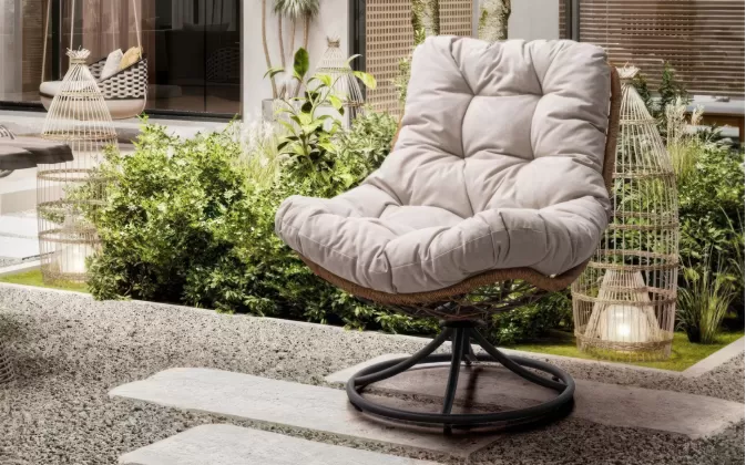 Obrotowy fotel ogrodowy wypoczynkowe z miękką poduszką publikowaną azores bizzotto podstawa antracyt naturalny technorattan