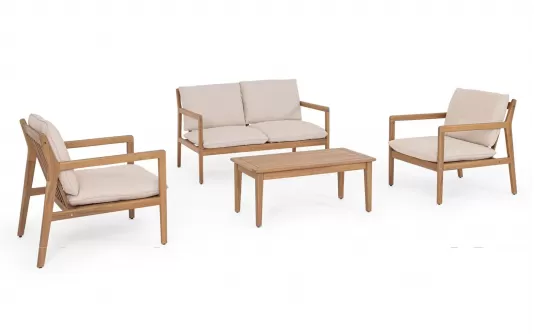 Zestaw ogrodowy sofa dwuosobowa 2 fotelami z drewna akacji na balkon danubio bizzotto