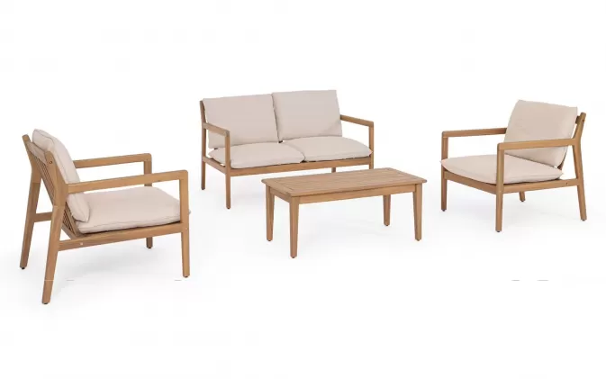 Zestaw ogrodowy sofa dwuosobowa 2 fotelami z drewna akacji na balkon danubio bizzotto