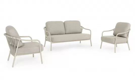 Beżowy zestaw ogrodowy wypoczynkowy aluminiowy jasnobeżowy z grubymi wygodnymi poduszkami edvige bizzotto