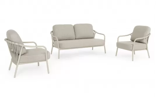 Beżowy zestaw ogrodowy wypoczynkowy aluminiowy jasnobeżowy z grubymi wygodnymi poduszkami edvige bizzotto