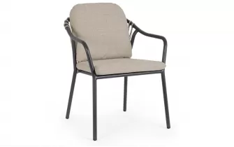 Antracytowe krzesło z szarobeżowymi poduszkami na siedzisku i oparciu nowoczesne aluminiowe edvige bizzotto 