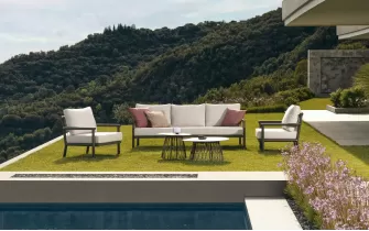 Aluminiowy luksusowy komplet wypoczynkowy ogrodowy konstrukcja antracyt z beżowymi poduszkami lanai bizzotto