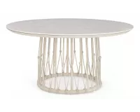 Okrągły stół ogrodowy aluminiowy beżowy z ozdobnymi plecionka kami z liny i blatem z kamienia spiekanego lanai bizzotto