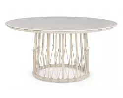 Okrągły stół ogrodowy aluminiowy beżowy z ozdobnymi plecionka kami z liny i blatem z kamienia spiekanego lanai bizzotto