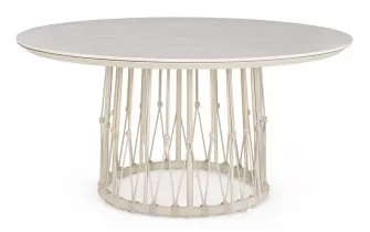 Okrągły stół ogrodowy aluminiowy beżowy z ozdobnymi plecionka kami z liny i blatem z kamienia spiekanego lanai bizzotto