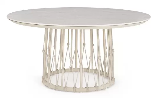 Okrągły stół ogrodowy aluminiowy beżowy z ozdobnymi plecionka kami z liny i blatem z kamienia spiekanego lanai bizzotto