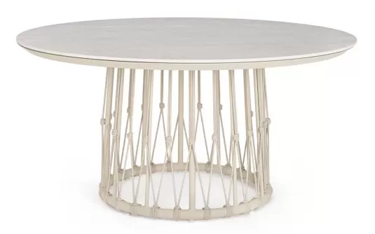 Okrągły stół ogrodowy aluminiowy beżowy z ozdobnymi plecionka kami z liny i blatem z kamienia spiekanego lanai bizzotto