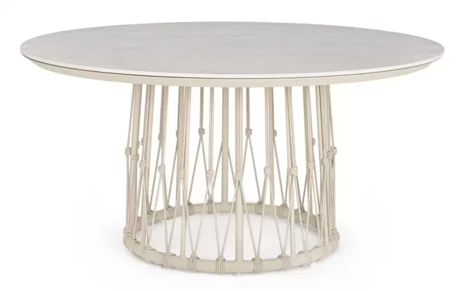 Okrągły stół ogrodowy aluminiowy beżowy z ozdobnymi plecionka kami z liny i blatem z kamienia spiekanego lanai bizzotto