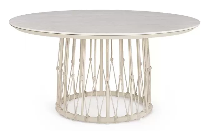 Okrągły stół ogrodowy aluminiowy beżowy z ozdobnymi plecionka kami z liny i blatem z kamienia spiekanego lanai bizzotto