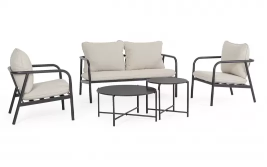 Lekki zestaw wypoczynkowy ogrodowy na balkon antracyt z szarobeżowymi poduszkami ostuni bizzotto