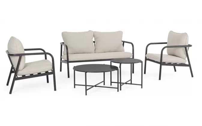 Lekki zestaw wypoczynkowy ogrodowy na balkon antracyt z szarobeżowymi poduszkami ostuni bizzotto