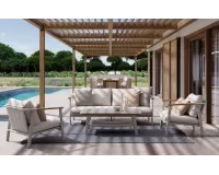 Nowoczesny komplet wypoczynkowy aluminiowy ogrodowy beżowy z sofą trzyosobową leonida bizzotto