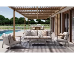 Nowoczesny komplet wypoczynkowy aluminiowy ogrodowy beżowy z sofą trzyosobową leonida bizzotto