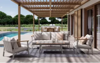 Nowoczesny komplet wypoczynkowy aluminiowy ogrodowy beżowy z sofą trzyosobową leonida bizzotto