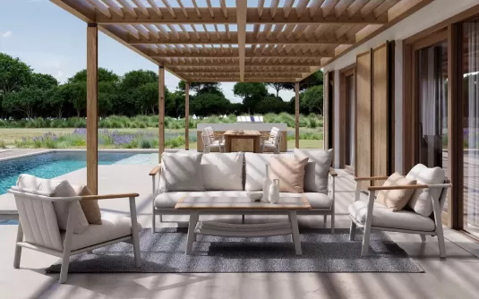 Nowoczesny komplet wypoczynkowy aluminiowy ogrodowy beżowy z sofą trzyosobową leonida bizzotto Nowoczesny komplet wypoczynkowy aluminiowy ogrodowy beżowy z sofą trzyosobową leonida bizzotto