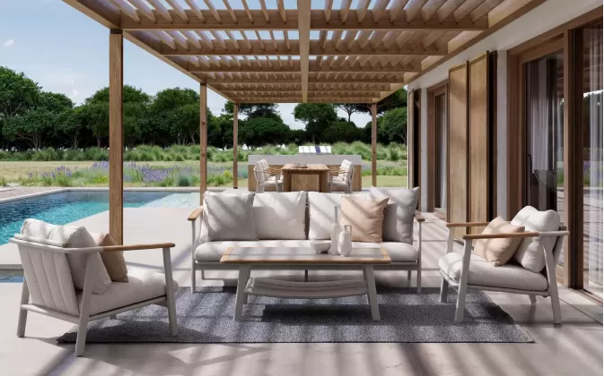 Nowoczesny komplet wypoczynkowy aluminiowy ogrodowy beżowy z sofą trzyosobową leonida bizzotto