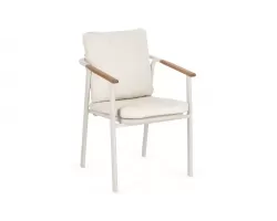 Sztaplowane nowoczesne krzesło ogrodowe aluminiowe beżowe wstawki teak i poduszki olefin boucle leonida bizzotto