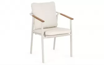 Sztaplowane nowoczesne krzesło ogrodowe aluminiowe beżowe wstawki teak i poduszki olefin boucle leonida bizzotto