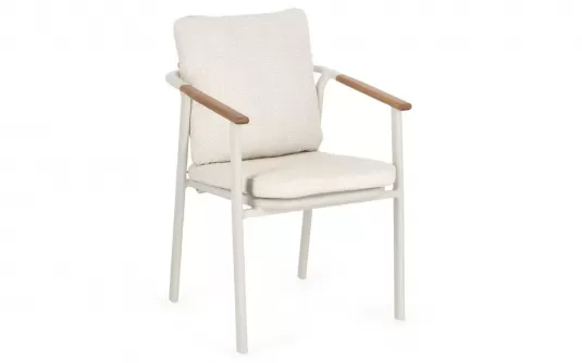 Sztaplowane nowoczesne krzesło ogrodowe aluminiowe beżowe wstawki teak i poduszki olefin boucle leonida bizzotto