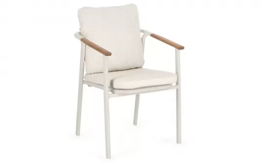 Sztaplowane nowoczesne krzesło ogrodowe aluminiowe beżowe wstawki teak i poduszki olefin boucle leonida bizzotto Sztaplowane nowoczesne krzesło ogrodowe aluminiowe beżowe wstawki teak i poduszki olefin boucle leonida bizzotto