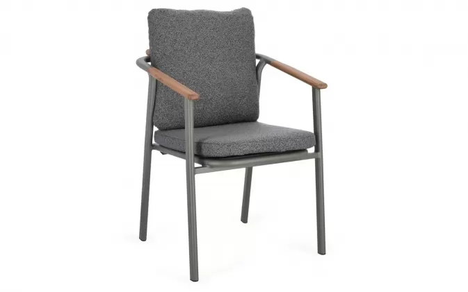 Sztaplowane nowoczesne krzesło ogrodowe aluminiowe grafitowe wstawki teak i poduszki olefin boucle leonida bizzotto