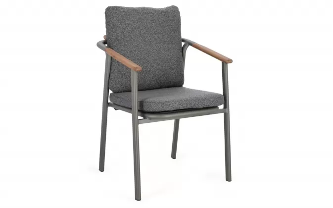 Sztaplowane nowoczesne krzesło ogrodowe aluminiowe grafitowe wstawki teak i poduszki olefin boucle leonida bizzotto