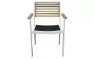 Białe krzesło ogrodowe aluminiowe sztaplowane podłokietniki i oparcie teak YORK Higold