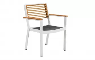 Białe krzesło ogrodowe aluminiowe sztaplowane podłokietniki i oparcie teak YORK Higold