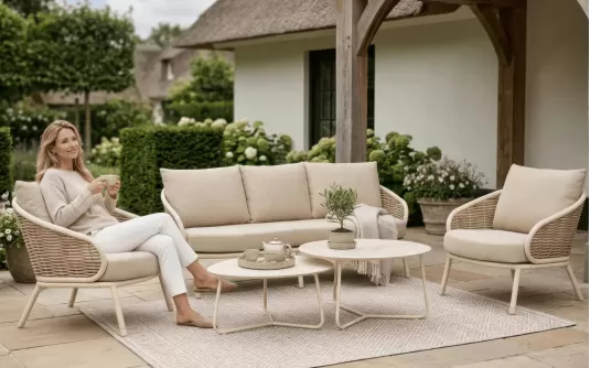 Zestaw ogrodowy wypoczynkowy białokremowy z sofą 3os premium aluminiowy technorattan pine key Applebee Zestaw ogrodowy wypoczynkowy białokremowy z sofą 3os premium aluminiowy technorattan pine key Applebee