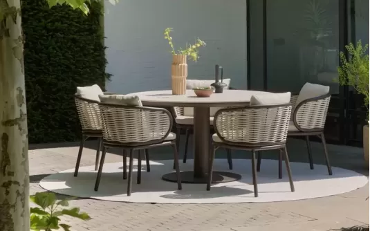 Okrągły komplet obiadowy luksusowy PINE KEY AppleBee kolor ciemno kawowy z szarobeżowym technorattan