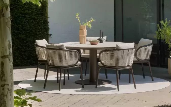 Okrągły komplet obiadowy luksusowy PINE KEY AppleBee kolor ciemno kawowy z szarobeżowym technorattan