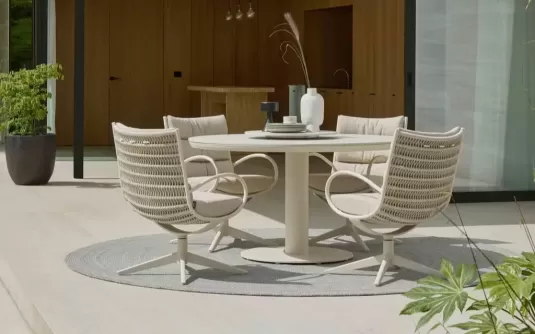 Luksusowy komplet ogrodowy stołowy z okrągłym stołem 140 cm i 4 luksusowymi fotelami camp Bat AppleBee