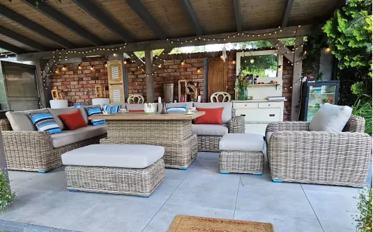 Duży narożnik ogrodowy z podnoszonym stołem z technorattanu okrągłego torres Duży narożnik ogrodowy z podnoszonym stołem z technorattanu okrągłego torres